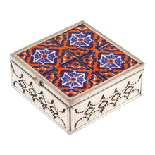 Load image into Gallery viewer, Handcrafted Tin and Ceramic Jewelry Box in Blue and Orange - Twilight Mansion | NOVICA
