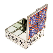 Load image into Gallery viewer, Handcrafted Tin and Ceramic Jewelry Box in Blue and Orange - Twilight Mansion | NOVICA
