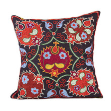 Load image into Gallery viewer, Floral Embroidered Cotton Cushion Cover - Yurt Nights | NOVICA
