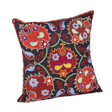 Load image into Gallery viewer, Floral Embroidered Cotton Cushion Cover - Yurt Nights | NOVICA
