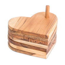 Load image into Gallery viewer, 6 Heart-Shaped Teakwood Coasters with Stand from Guatemala - United by Love | NOVICA
