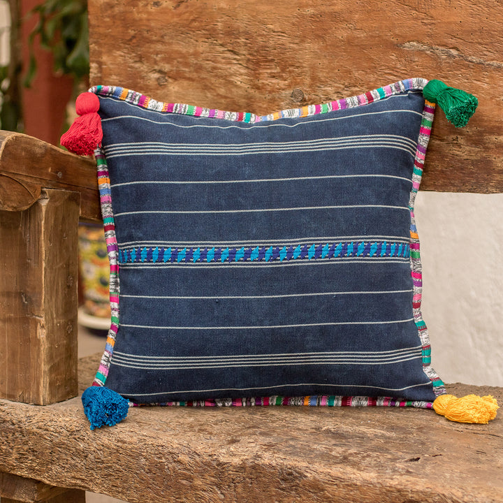 Handwoven Blue Cotton Cushion Cover with Zipper Closure - Land of Traditions | NOVICA