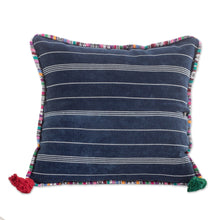 Load image into Gallery viewer, Handwoven Blue Cotton Cushion Cover with Zipper Closure - Land of Traditions | NOVICA
