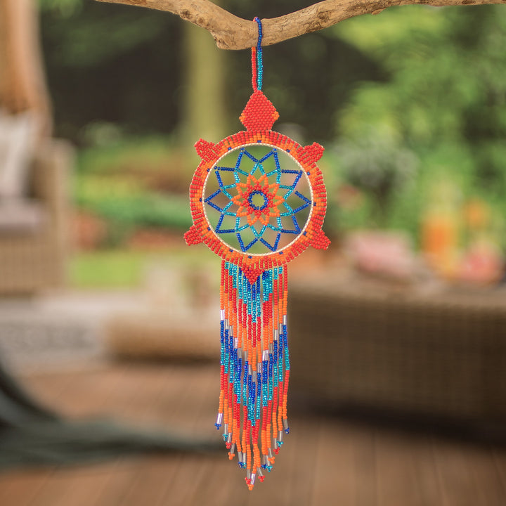 Handcrafted Red and Blue Glass Beaded Dreamcatcher - Festive Dreams | NOVICA