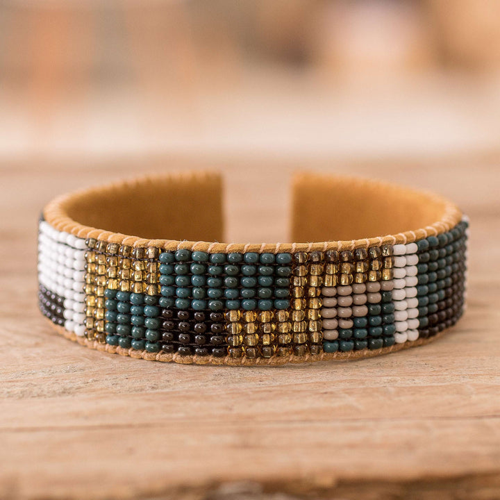 Geometric Glass Beaded Cuff Bracelet with Leather Accents - Geometric Sparkles | NOVICA