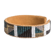 Load image into Gallery viewer, Geometric Glass Beaded Cuff Bracelet with Leather Accents - Geometric Sparkles | NOVICA
