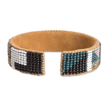 Load image into Gallery viewer, Geometric Glass Beaded Cuff Bracelet with Leather Accents - Geometric Sparkles | NOVICA
