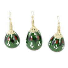 Load image into Gallery viewer, Set of Three Hand-Painted Green Dried Gourd Ornaments - Green Eve | NOVICA
