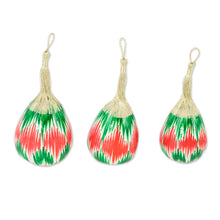 Load image into Gallery viewer, Set of 3 Hand-Painted Green and Red Ikat Gourd Ornaments - Ikat Eve in Green | NOVICA
