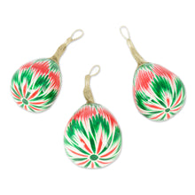 Load image into Gallery viewer, Set of 3 Hand-Painted Green and Red Ikat Gourd Ornaments - Ikat Eve in Green | NOVICA
