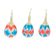 Load image into Gallery viewer, Set of 3 Hand-Painted Blue and Red Ikat Gourd Ornaments - Ikat Eve in Blue | NOVICA
