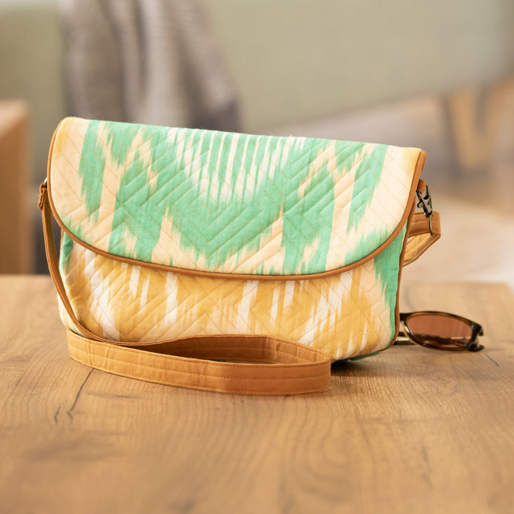 Ikat Cotton Sling Bag in Tan and Aqua with Removable Strap - Dreamy Vibes | NOVICA