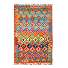 Load image into Gallery viewer, Handwoven Geometric Wool Area Rug in Vibrant Hues (3.5x5) - Sweet Mosaic | NOVICA
