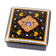 Load image into Gallery viewer, Hand-Painted Lacquered Black Walnut Wood Jewelry Box - The Dark Aral Flowers | NOVICA

