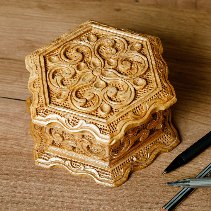 Hand-Carved Floral Hexagonal Elm Tree Wood Jewelry Box - Flourishing Treasure | NOVICA