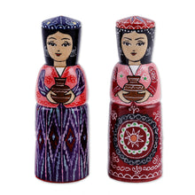 Load image into Gallery viewer, Set of Two Blue and Red Wood Figurines of Traditional Girls - Dushanbe Dames | NOVICA
