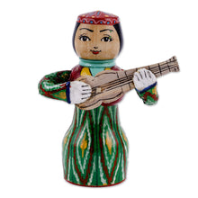 Load image into Gallery viewer, Painted Traditional Green Wood Figurine of Girl and Tanbur - Tanbur Green Rhythms | NOVICA
