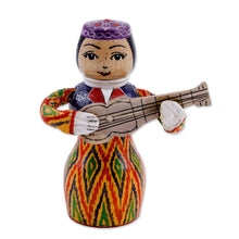 Load image into Gallery viewer, Painted Traditional Vibrant Wood Figurine of Girl and Tanbur - Tanbur Warm Rhythms | NOVICA
