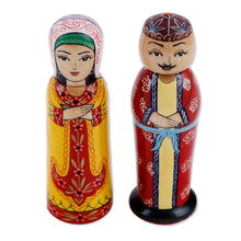 Load image into Gallery viewer, Set of 2 Yellow and Red Wood Bride and Groom Figurines - Majestic Marriage | NOVICA
