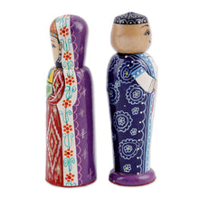 Load image into Gallery viewer, Set of 2 Red and Blue Wood Bride and Groom Figurines - Splendorous Marriage | NOVICA
