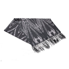 Load image into Gallery viewer, Hand-Woven Fringed Silk Ikat Scarf in Black from Uzbekistan - Stylish Black | NOVICA
