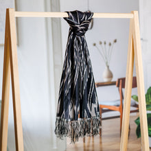 Load image into Gallery viewer, Hand-Woven Fringed Silk Ikat Scarf in Black from Uzbekistan - Stylish Black | NOVICA
