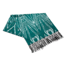 Load image into Gallery viewer, Hand-Woven Fringed Silk Ikat Scarf in Teal from Uzbekistan - Stylish Teal | NOVICA
