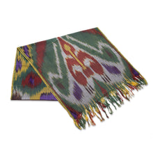 Load image into Gallery viewer, Colorful Fringed Cotton Ikat Scarf Hand-Woven in Uzbekistan - Symphony of Colors | NOVICA
