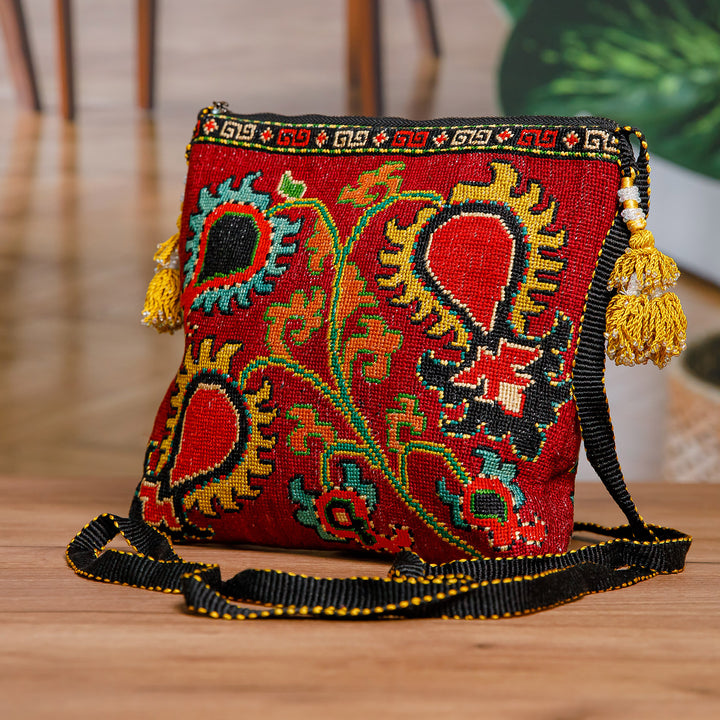 Handmade Silk Embroidered Sling Handbag - Scarlet Symbols | NOVICA