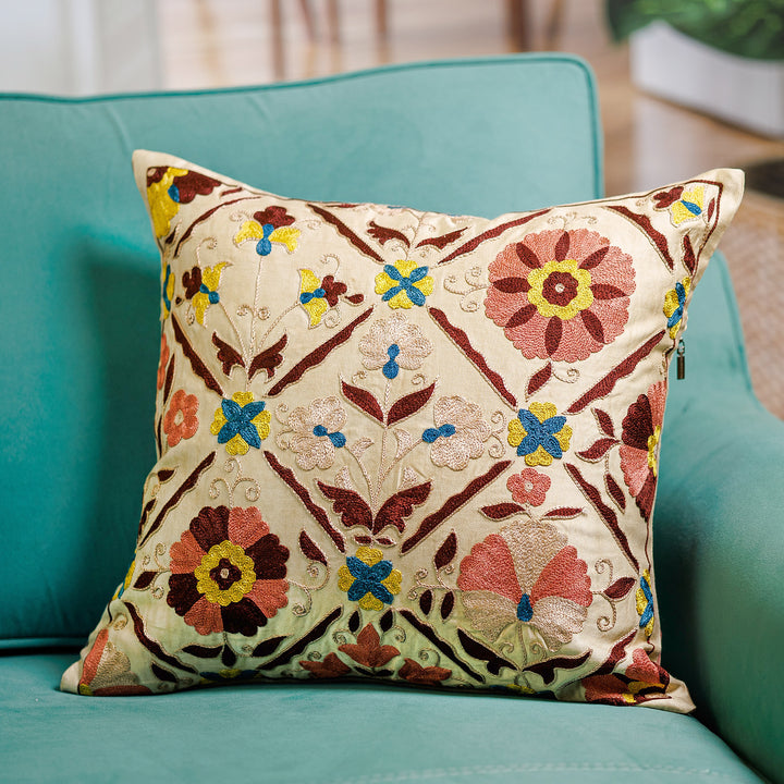 Embroidered Silk Blend Cushion Cover with Floral Details - Symbolic Suzani | NOVICA