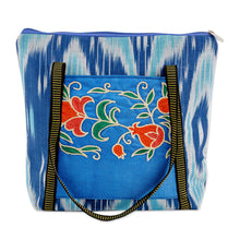 Load image into Gallery viewer, Floral Ikat-Patterned Blue Cotton Shoulder Bag with Zipper - Blue Fineness | NOVICA
