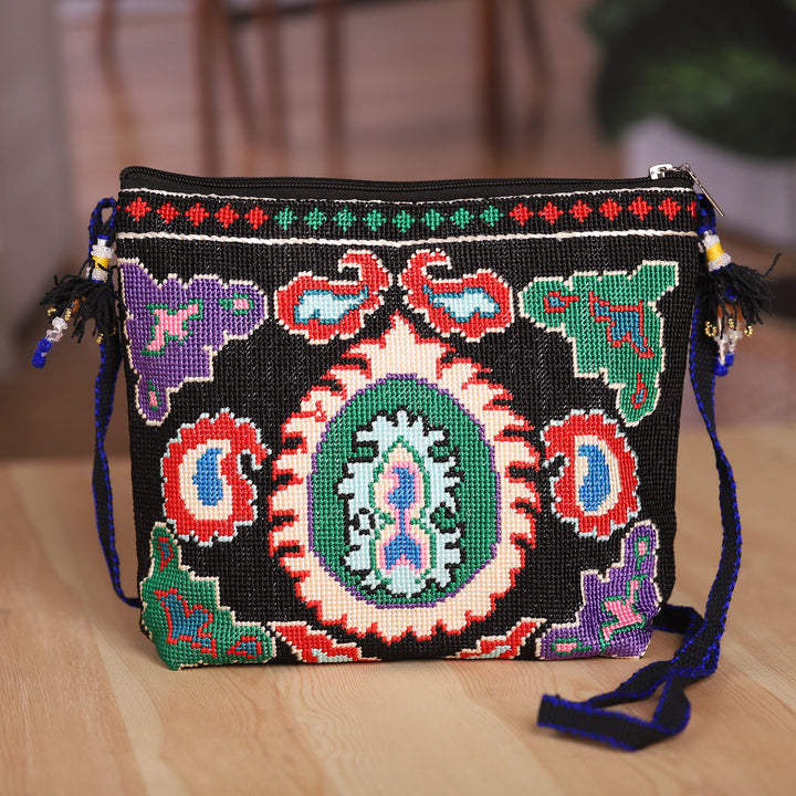 Traditional Iroki Embroidered Black Sling with Tassels - Palatial Nights | NOVICA