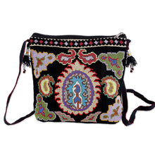 Load image into Gallery viewer, Traditional Iroki Embroidered Black Sling with Tassels - Palatial Nights | NOVICA
