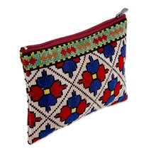 Load image into Gallery viewer, Floral Iroki Embroidered Silk Cosmetic Bag in Red and Blue - Palace Glory | NOVICA
