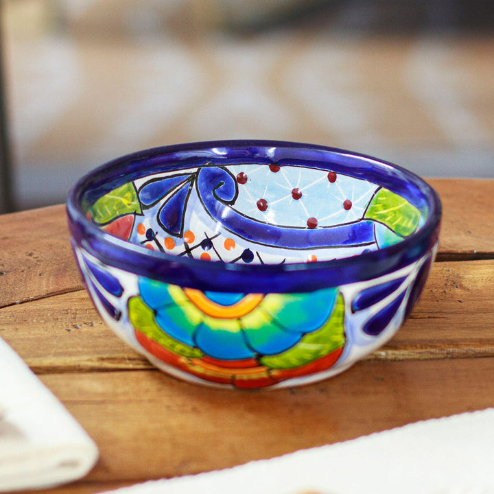 Hand-Painted Mexican Talavera Style Ceramic snack Bowl - Blooming Talavera | NOVICA