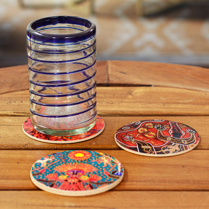 4 Decoupage Pinewood Coasters with Mexican Huichol Motifs - Huichol Inspiration | NOVICA