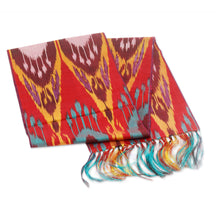 Load image into Gallery viewer, Handwoven Traditional Silk Scarf in Red and Teal Hues - Crimson Samarkand Renaissance | NOVICA
