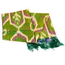 Load image into Gallery viewer, Handwoven Traditional Geometric Green and Yellow Silk Scarf - Forest Oasis | NOVICA
