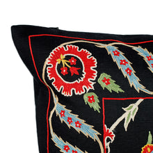 Load image into Gallery viewer, Classic Leafy Embroidered Black Silk Blend Cushion Cover - Arcadia Nights | NOVICA
