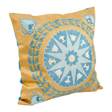 Load image into Gallery viewer, Star and Leafy-Themed Blue and Yellow Cushion Cover - Heaven&#39;s Shine | NOVICA
