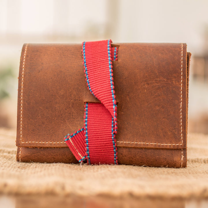 Brown Leather Cable Case with Claret Cotton Textile - Claret Keeper | NOVICA