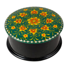 Load image into Gallery viewer, Floral Round Black and Green Papier Mache Jewelry Box - Primavera in Green | NOVICA
