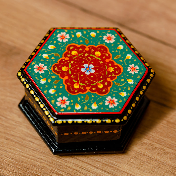 Floral Hexagon-Shaped Teal and Red Papier Mache Jewelry Box - Altar to Splendor | NOVICA