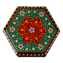 Load image into Gallery viewer, Floral Hexagon-Shaped Teal and Red Papier Mache Jewelry Box - Altar to Splendor | NOVICA
