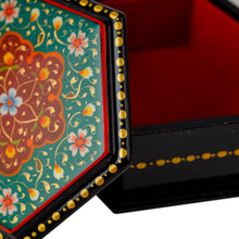 Load image into Gallery viewer, Floral Hexagon-Shaped Teal and Red Papier Mache Jewelry Box - Altar to Splendor | NOVICA
