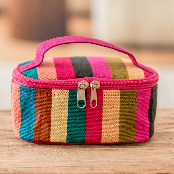 Handloomed Multicolor Striped Cotton Cosmetic Bag (Small) - Tropical Ideas | NOVICA