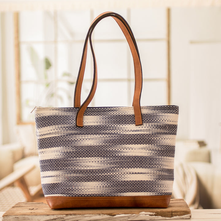 Handwoven Cotton Tote Bag with Leather Bottom Panel & Straps - Colors of Tradition | NOVICA