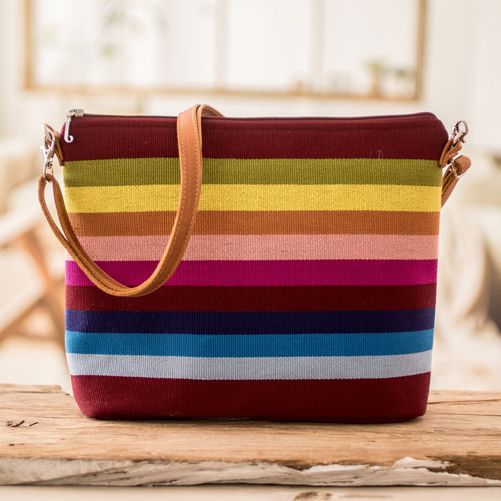 Handwoven Striped Cotton Shoulder Bag with Leather Straps - Silhouettes of Color | NOVICA