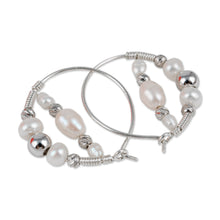 Load image into Gallery viewer, Sterling Silver and Cultured Pearl Beaded Hoop Earrings - Sophisticated Me | NOVICA
