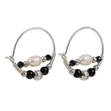 Load image into Gallery viewer, Cultured Pearl and Natural Obsidian Beaded Hoop Earrings - Triumphant Me | NOVICA
